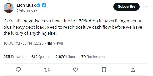 일론 머스크 테슬라와 트위터 CEO가 트위터 광고 수익이 반토막 났으며 현금 흐름 개선이 필요한 시점이라고 밝혔다. [일론 머스크 트위터 계정 캡처]