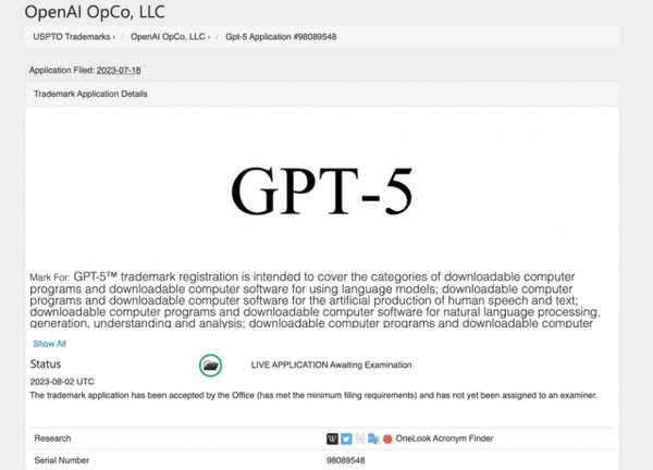 오픈AI의 GPT-5 상표 출원 화면. [미국 특허청]